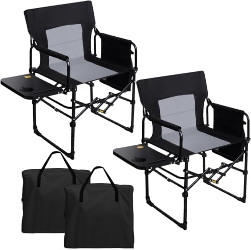 Romswi 2 Pack Folding Director Chair for Outdoor, Heavy Duty Camping Chair with Side Table, Cup Holder & Storage Pockets, Oversized Portable Chair Supports 400 lbs for Fishing, Picnic, Lawn, Black by Romswi