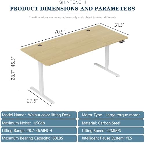 Shintenchi Standing Desk, 71x31 Inch Height Adjustable Electric Sit Stand up Desk, Ergonomic Rising Computer Table, Modern Lift Gaming Desk Workstation for Home Office, Walnut and White - Image 2