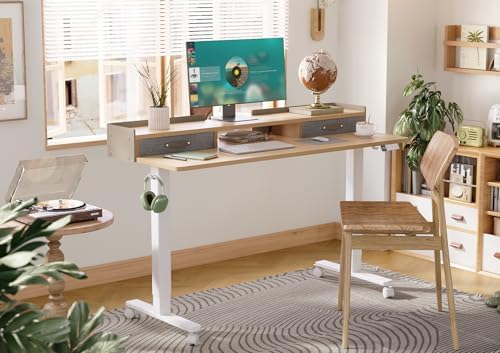 Claiks Standing Desk with Drawers & Wheels, 2 Height Shelf 59" Ntural - Image 2