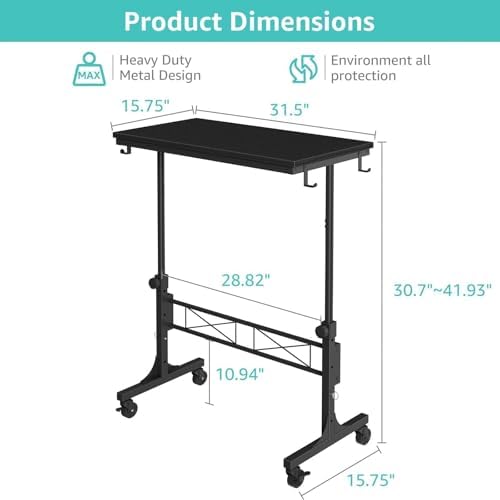 WINAZ Small Portable Rolling Standing Desk - 32 Inch Adjustable Height Mobile Teacher Podium on Wheels for Classroom, Stand Up Desks for Treadmill Walking Pad, Couch Sofa Side Laptop Table, Black - Image 3