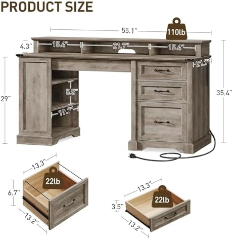 RALGEND 55'' Farmhouse Desk with Drawers, Office Desk with File Cabinet - Image 2