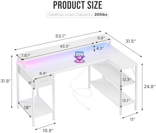 DUMOS 53 Inch Gaming Desk, L Shaped Desk, LED Lights - Image 3