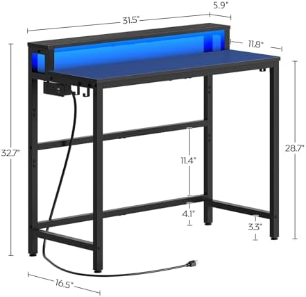 YATINEY Small Computer Desk with Charging Station and LED Lights, Gaming Desk with Monitor Stand, 2-Tier Home Office Desk with 4 Side Hooks, for Living Room, Home Office, Black DN01UDBBY2 - Image 3