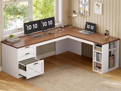 SEDETA 67" Farmhouse Executive L Shaped Desk with 3 Drawers by SEDETA