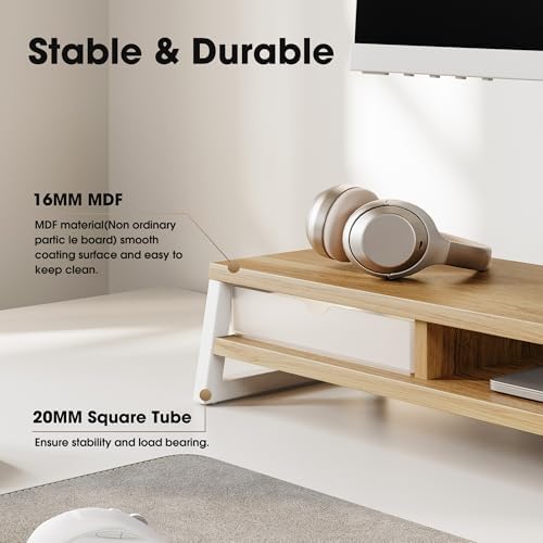 Fenge Dual Monitor Stand Riser, 42.5in Desk Shelf with 2 Drawers, Dark Oak - Image 4