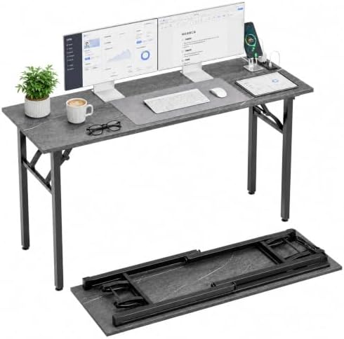 Folding Table Computer Desk - 55.1" No Assembly Folding Desk with Power Outlets & USB Charging Port, Small Desk, Foldable Office Desk, Compact Storage Portable Use for Small Space, Marble Greige by HMFOR