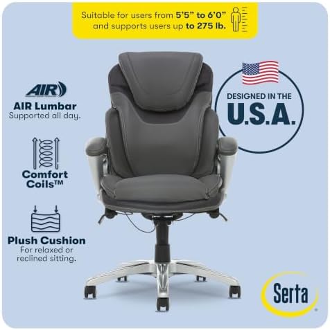 Serta Bryce Executive Office Chair - Ergonomic Computer Desk Chair with Patented AIR Lumbar Technology - Adjustable Height - Memory Foam Body Pillows - 360° Swivel Rolling Base - Bonded Leather - Gray - Image 4