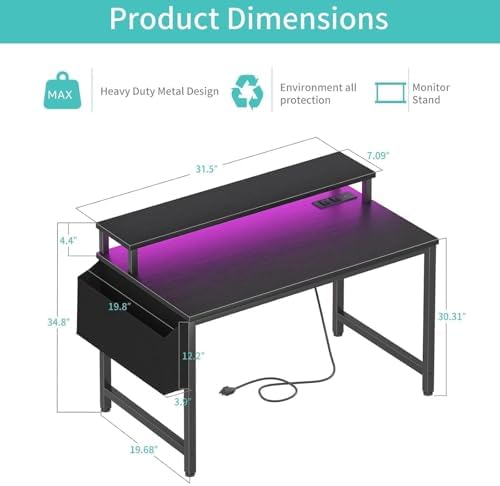 Lufeiya Small Desk with Power Outlets and LED Lights, 32 Inch Teen Writing Study Table Home Office Computer Desks with Monitor Stand, Gaming Desk with Charging Station, Black - Image 3