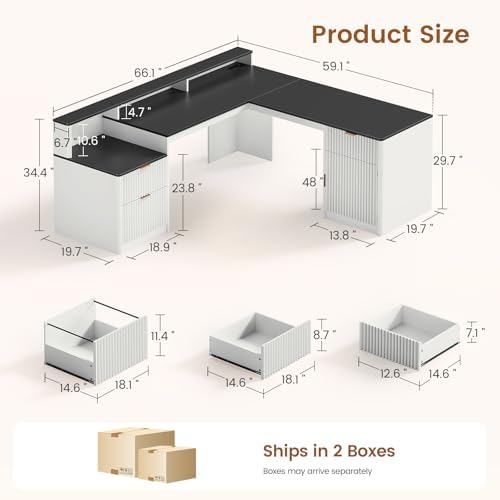 SEDETA 66" Modern L Shaped Desk with Drawers, Fluted Home Office Desk with File Cabinet and Printer Shelf, Wood Executive Desk with Monitor Stand, Led Lights, Power Outlets, White - Image 2