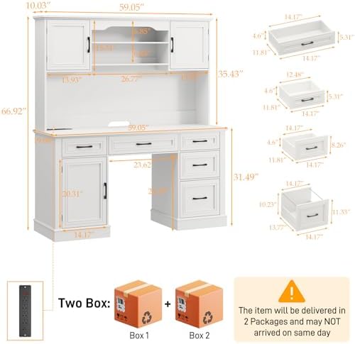 Vabches Executive Desk with 5 Drawers, Cream White - Image 2