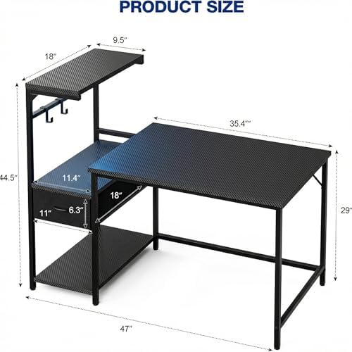 Grandder Gaming Desk 47 Inch with CPU Stand and LED Light, Computer Desk with Reversible Shelves and Storage Drawer, Pc Small Desk for Home Office Table with Bag, Carbon Fiber Black - Image 3