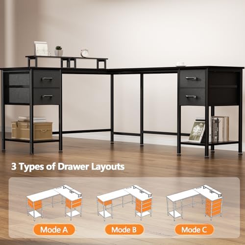Korfile 66 inch L Shaped Computer Desk with Power Outlets, Black - Image 6