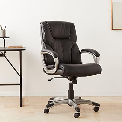 Amazon Basics Executive High Back Office Chair, Adjustable Height, Tilt, Swivel, Padded Seat, Bonded Leather, Wheels, Black/Silver - Image 2