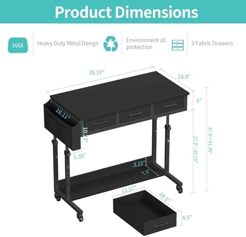 Rolling Standing Desk Adjustable Height with Drawers, 40 Inch Mobile Stand Up Portable Teacher Desks on Wheels for Classroom, Couch Sofa Side Laptop Table with Storage for Bedroom Home Office, Black - Image 3