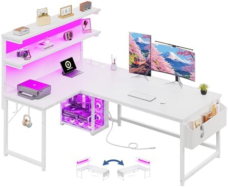 DurayLoly 53"White L Shaped Desk with LED Light & 5 Power Outlet for Gaming by Durayloly