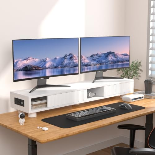 Artswish 42" White Dual Monitor Stand with Power Outlet & Storage Drawer - Image 3