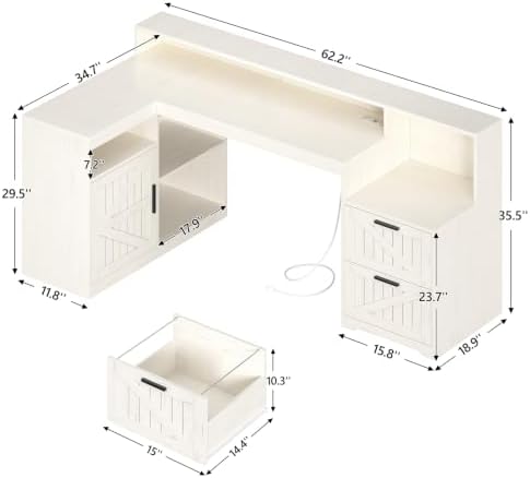 63" Farmhouse L Shaped Desk with Drawers and Printer Stand for Home Office - Image 2