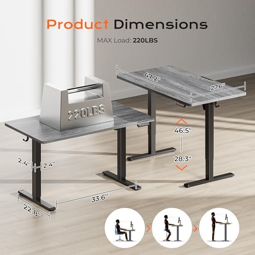 Huuger 48 x 28 Large Electric Standing Desk, Height Adjustable Desk, 27.6" Deep Desktop, Stand up Gaming, 2 Hooks, 3 Preset Heights, for Home Office, Grey - Image 2