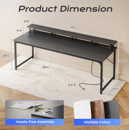 PRAISUN 63 inch Gaming Desk, LED & Power Outlets, Monitor Stand, Black - Image 3