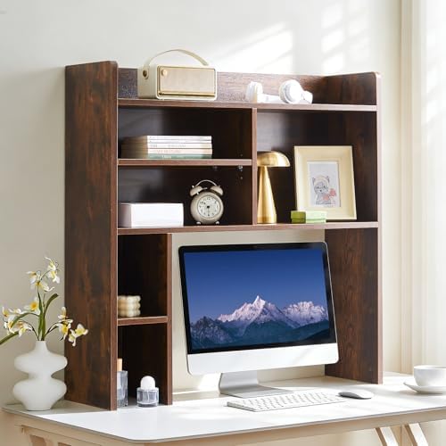 TUKAILAi Desktop Bookshelf Organizer, Countertop Storage Hutch with 7 Shelves for Desk, Dorm Desk Hutch Wood Display Rack for Home Office (Brown) by TUKAILAi