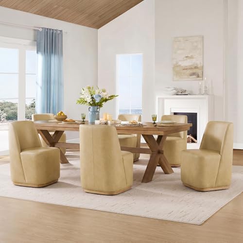 CHITA Rolling Dining Chair on Casters Set of 4, Faux Leather in Tan - Image 4