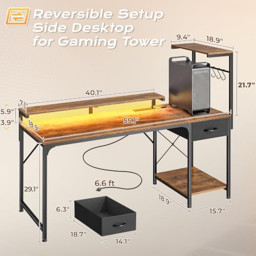 PRAISUN 55.1 Inch Gaming Desk with LED Lights & Power Outlets - Image 3