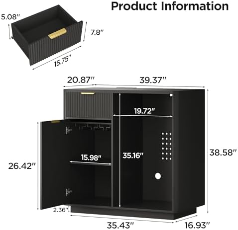 Vabches Mini Fridge Cabinet, Coffee Bar Cabinet with Fridge Space, Black - Image 2