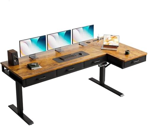 OffiGo 63 Inch L Shaped Electric Standing Desk with 4 Drawers, Rustic Brown by OfficeGo-ForHomeOfficeWork