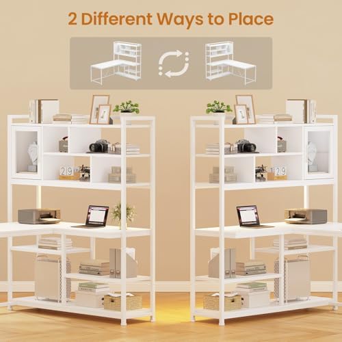 SEDETA L Shaped Computer Desk with Storage Shelves and Bookshelf, White - Image 6