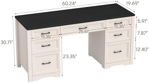 Vabches Farmhouse Executive Desk, Wood Home Office Desk with 2 Large File Drawers and 5 Storage Cabinets, Rustic Writing Desk for Work and Study, Black - Image 2