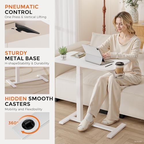 GTPLAYER Small Standing Desk with Hidden Wheels, Pneumatic Mobile Rolling Laptop Desk, Adjustable Height Overbed Bedside Table Computer Workstation for Home Office (28" W x 16" D, Pure White) - Image 6