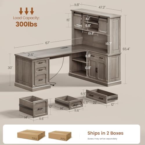SEDETA 67" Farmhouse Executive L Shaped Desk with Hutch & Storage - Image 2