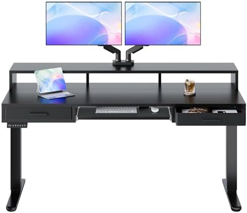 HUANUO 63″ X 26″ Electric Standing Desk with 2 Drawers &24.4″ Large Keyboard Tray, C-Clamp Mount Compatible, Adjustable Computer Desk for Office, Sit Stand Up Desk with 4 Height Presets, Black by HUANUO