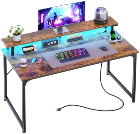 PRAISUN 40 inch Gaming Desk, LED & Outlets, Monitor Stand, Rustic Brown by PRAISUN