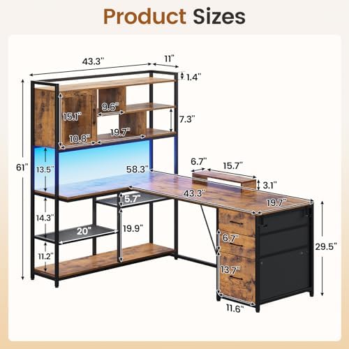 SEDETA 58'' L Shaped Computer Office Desk with 3 Drawers and Bookshelf - Image 5
