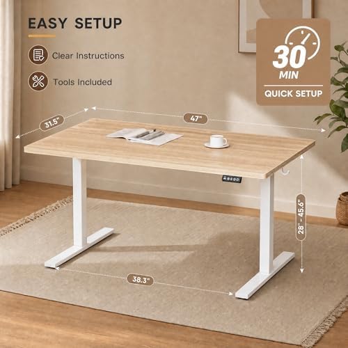 Grandder 47x32 Large Electric Standing Desk, Height Adjustable Computer Desk with 2 Memory Presets, 31.5" Deep Desktop Sit Stand Desk Home Office Desk Workstation Table with Hooks, Light Walnut - Image 3