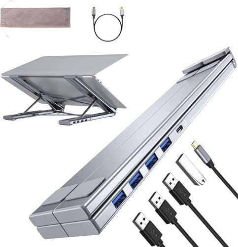 M61 USB C to USB Hub Portable Laptop Stand, Aluminum 4 Ports USB3.0 Multiport Adapter Adjustable Laptop Docking Station Stand Compatible with MacBook Pro/Air, Chromebook, Keyboard, Mouse, HDD by Umaniy