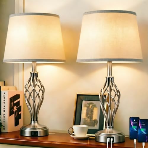 Ruiever Touch Table Lamps Set of 2, nightstand lamp with USB Ports Bedside 3 Way Touch dimmer Desk lamp for Living Room Bedroom,Nickel Spiral Cage Grey Shade, Warm White dimmer Bulbs Included. by Ruiever
