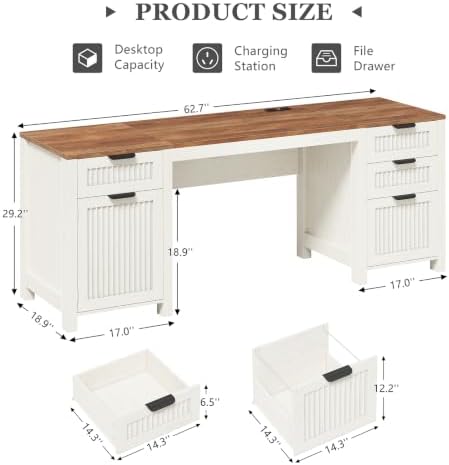 62" Farmhouse Computer Desk with Drawers & Storage Cabinet for Home Office - Image 3