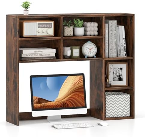 MAT EXPERT Wooden Desktop Bookshelf, Countertop Desk Hutch w/ 7 Cubes & Adjustable Shelves, Anti-toppling Kits, Table Top Organizer Shelf Fits Monitors up to 27” for Dorm, Office, Study (Rustic Brown) by MATEXPERT