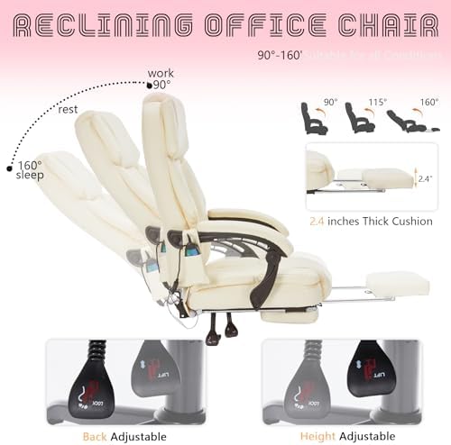Massage Office Chair with Foot Rest 6 Points Vibration and Heat Home Office Desk Chairs for Heavy People 400lbs Reclining Managerial Chairs Ergonomic Executive Chair (Cream) - Image 4