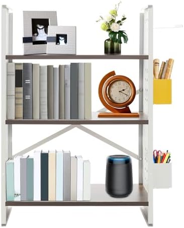 3 Tier Desktop Bookshelf, 23.6" Tall Modern Desktop Shelf Unit w/Storage Boxes & Shelf, Adjustable Bookcase for Home Office Decor (White, 40cm/15.7in) by Unknown