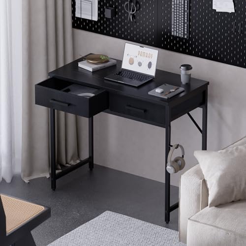 Pamray 32 Inch Small Computer Desk with 2 Drawers for Bedroom Study Writing Home Office Table for Small Spaces Black - Image 2
