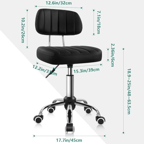 BFTOU Black Square Swivel Stool with Wheel for Work SPA Shop Massage Height-Adjustable and Cost-Effective Rolling Stool Chair with Back - Image 2