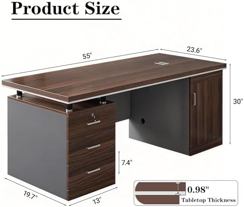 Large Home Office Desk with 3 Drawers, Large Desk with Storage Cabinet, Computer Desk with Drawers, Executive Desk for Home Office & Studio,55×23.6×30 in - Image 3