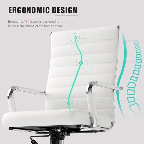 Okeysen Office Desk Chair, Ergonomic Leather Modern Conference Room Chairs, Executive Ribbed Height Adjustable Swivel Rolling Chair for Home Office Set of 1. (White) - Image 4