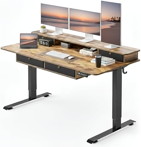CubiCubi 60" x 30" Standing Electric Desk with Drawers, Rustic Brown by CubiCubi
