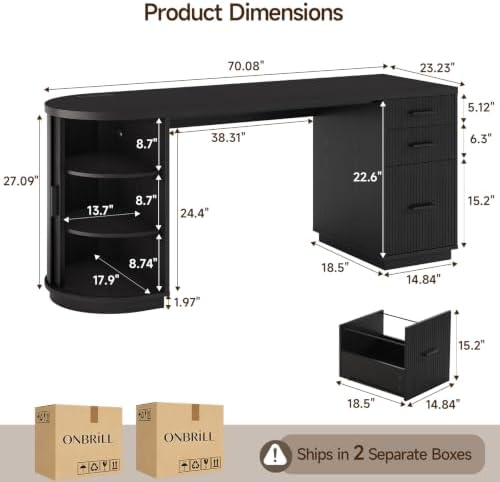 ONBRILL 70" Fluted Executive Desk with File Drawers (Black) - Image 2