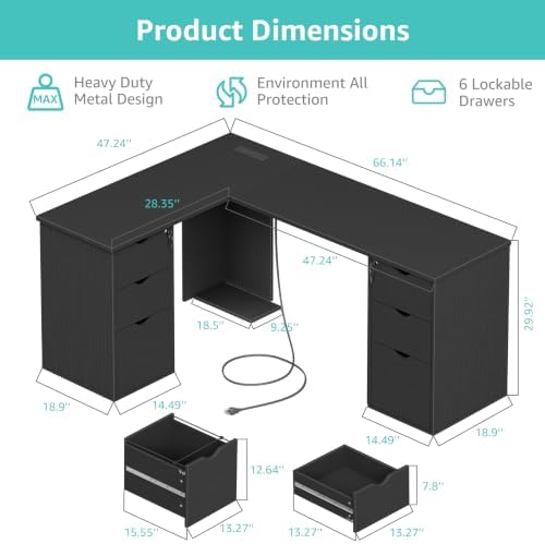 WINAZ 66" L Shaped Desk with 6 Lockable Drawers, Black Corner Computer Desk - Image 3
