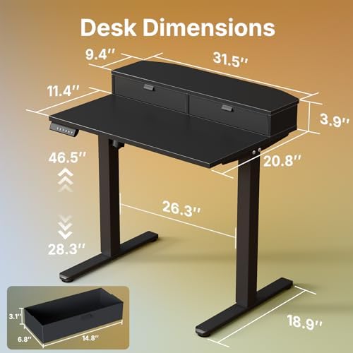 HUANUO 32" X 21" Electric Standing Desk with 2 Drawers, C-Clamp Mount Compatible, Height Adjustable Computer Desk, Home Office Stand Up Desk with 4 Preset Heights & 2 Hooks, Black - Image 2